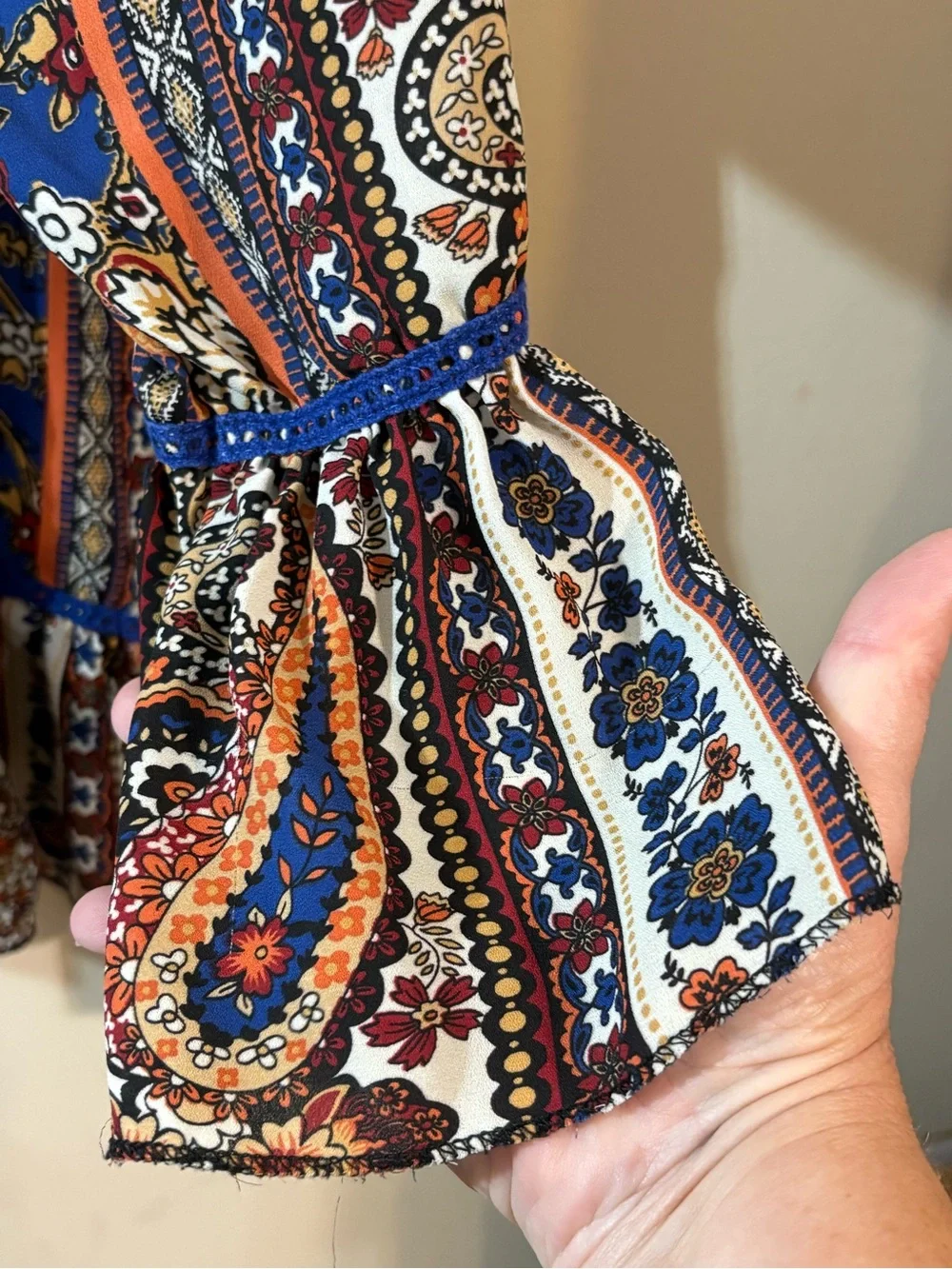 Living Doll blouse bohemian peasant women’s 1X blue paisley ruffle bell‎ sleeves
